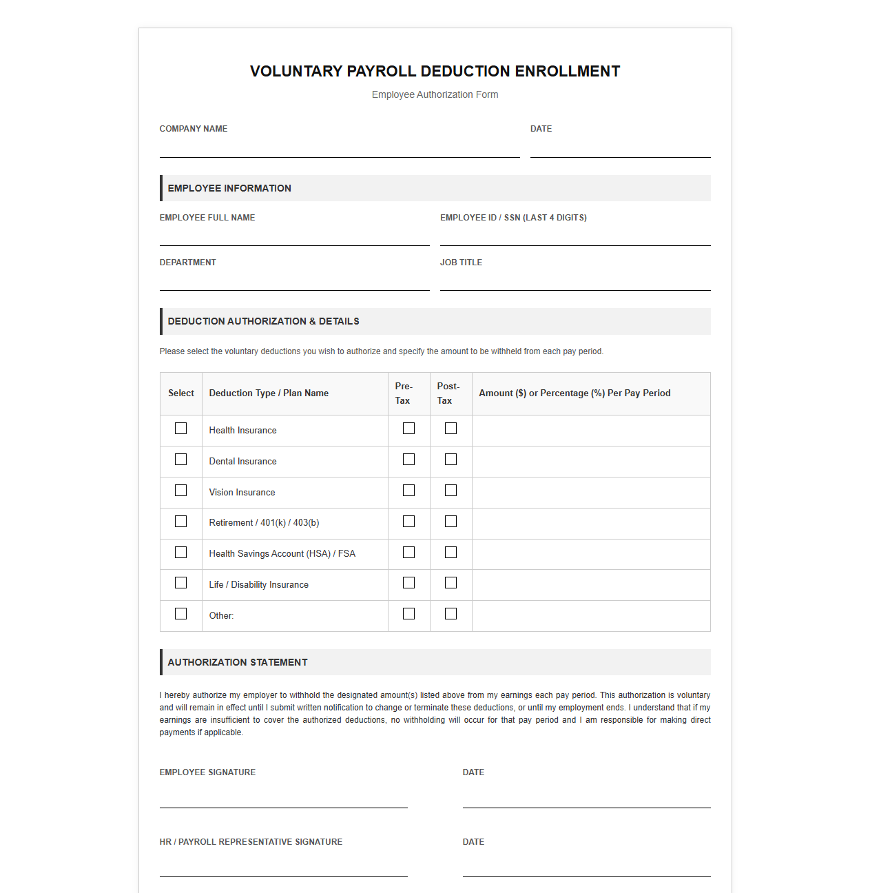 Employee Voluntary Deduction Enrollment Template