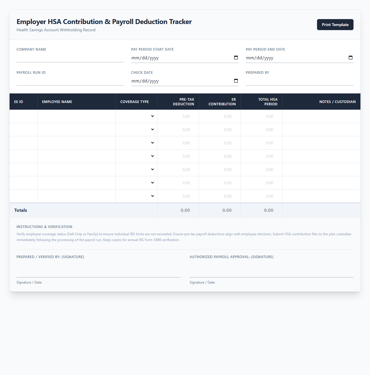 Employer HSA Contribution and Payroll Deduction Tracker