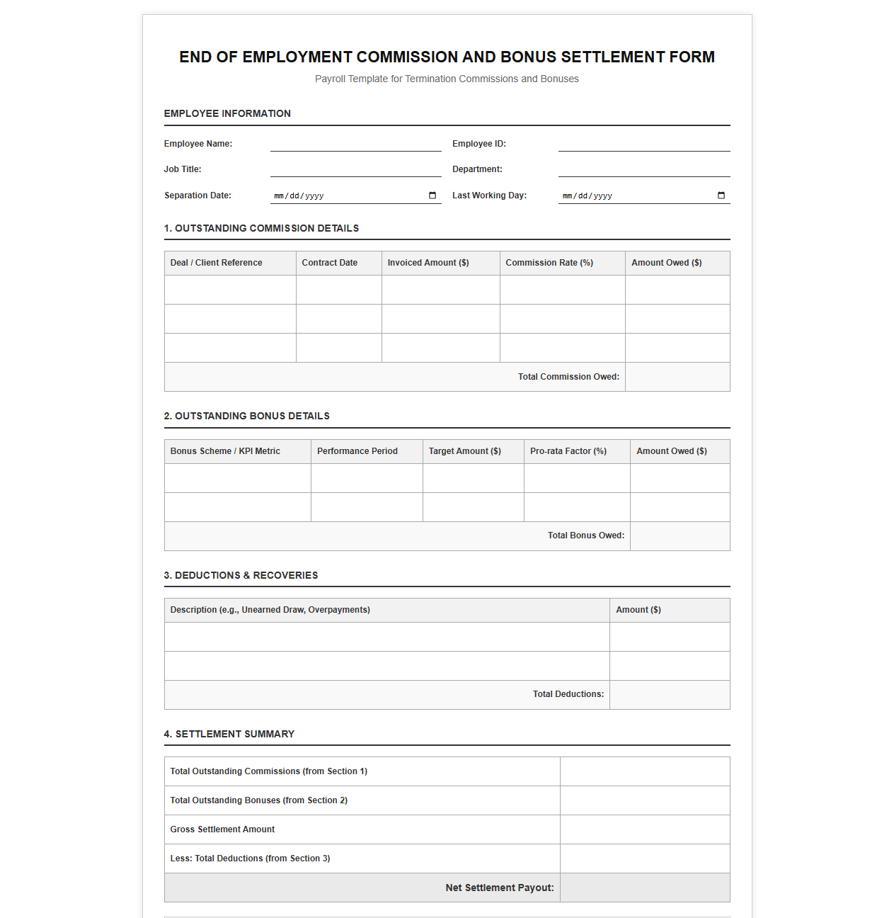 End of Employment Commission and Bonus Settlement Form