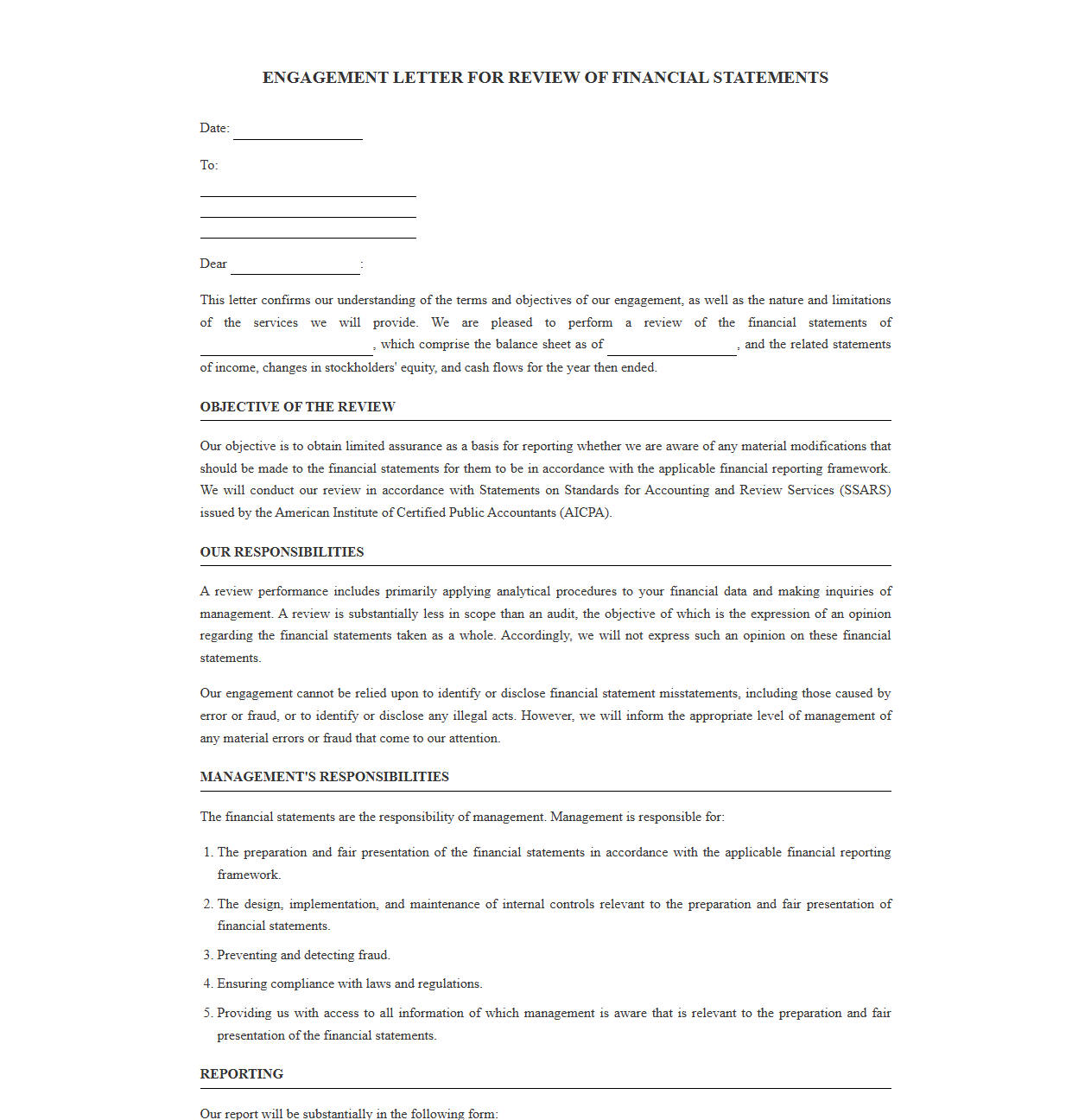 Engagement Letter for Review of Financial Statements