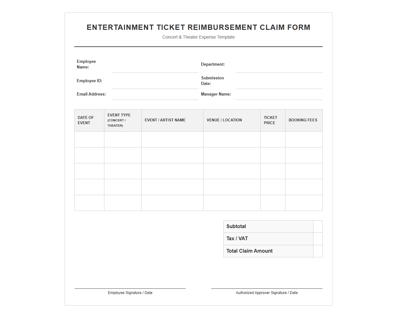Entertainment Ticket Reimbursement Claim Form