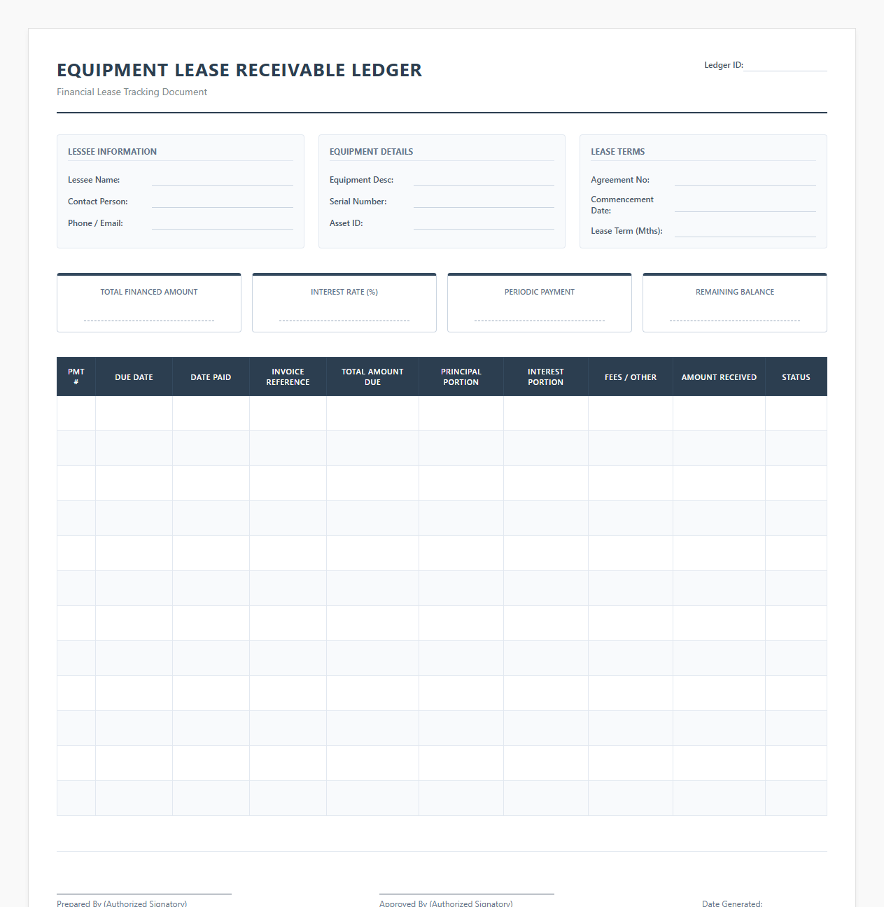 Equipment Lease Receivable Ledger Template