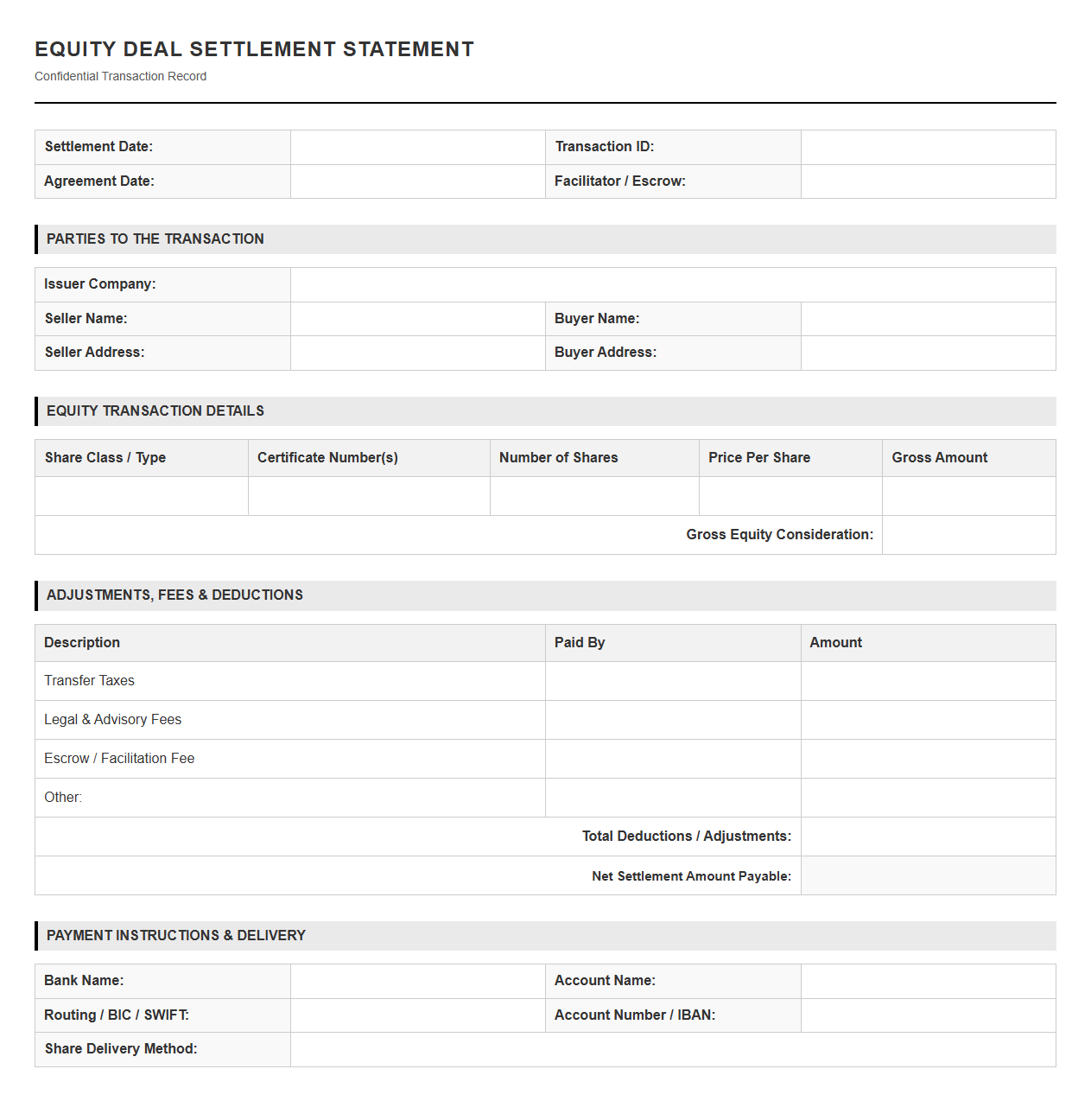 Equity Deal Settlement Statement Template