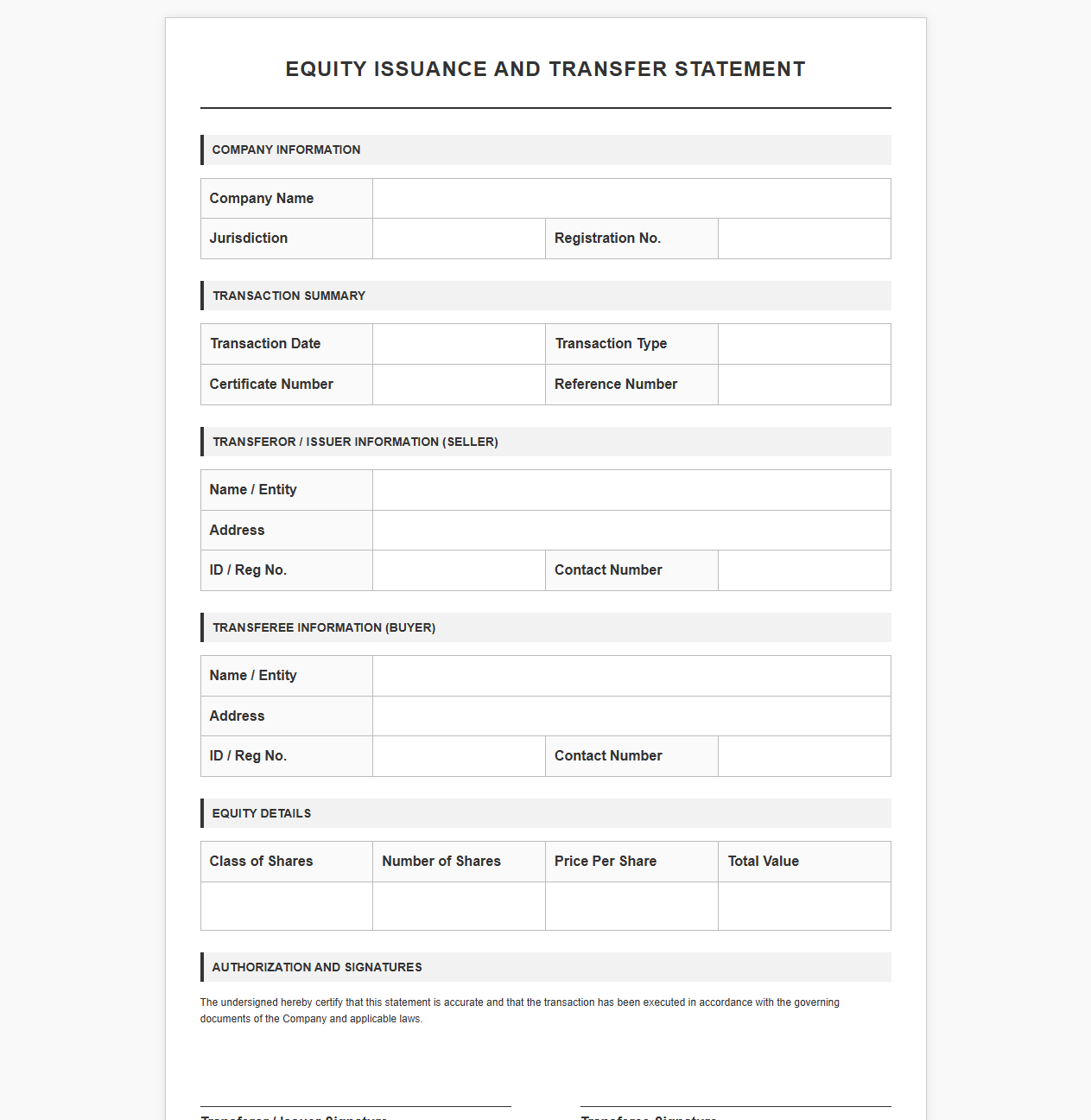 Equity Issuance and Transfer Statement Form