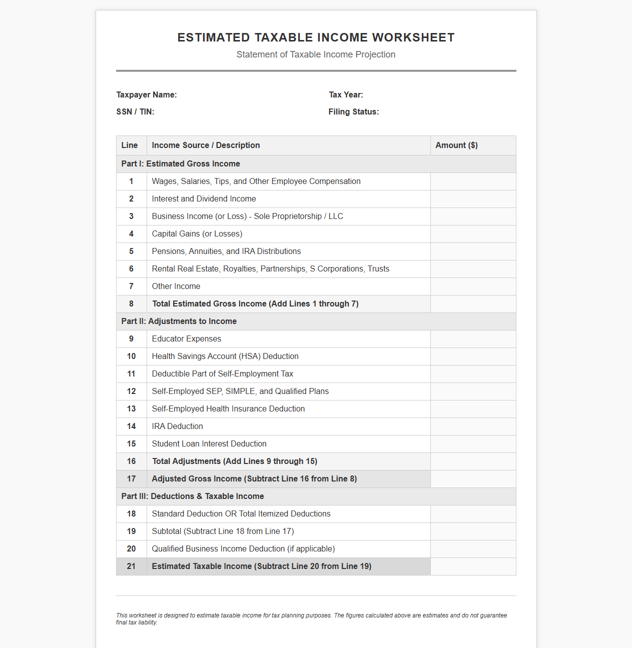 Estimated Taxable Income Worksheet Template