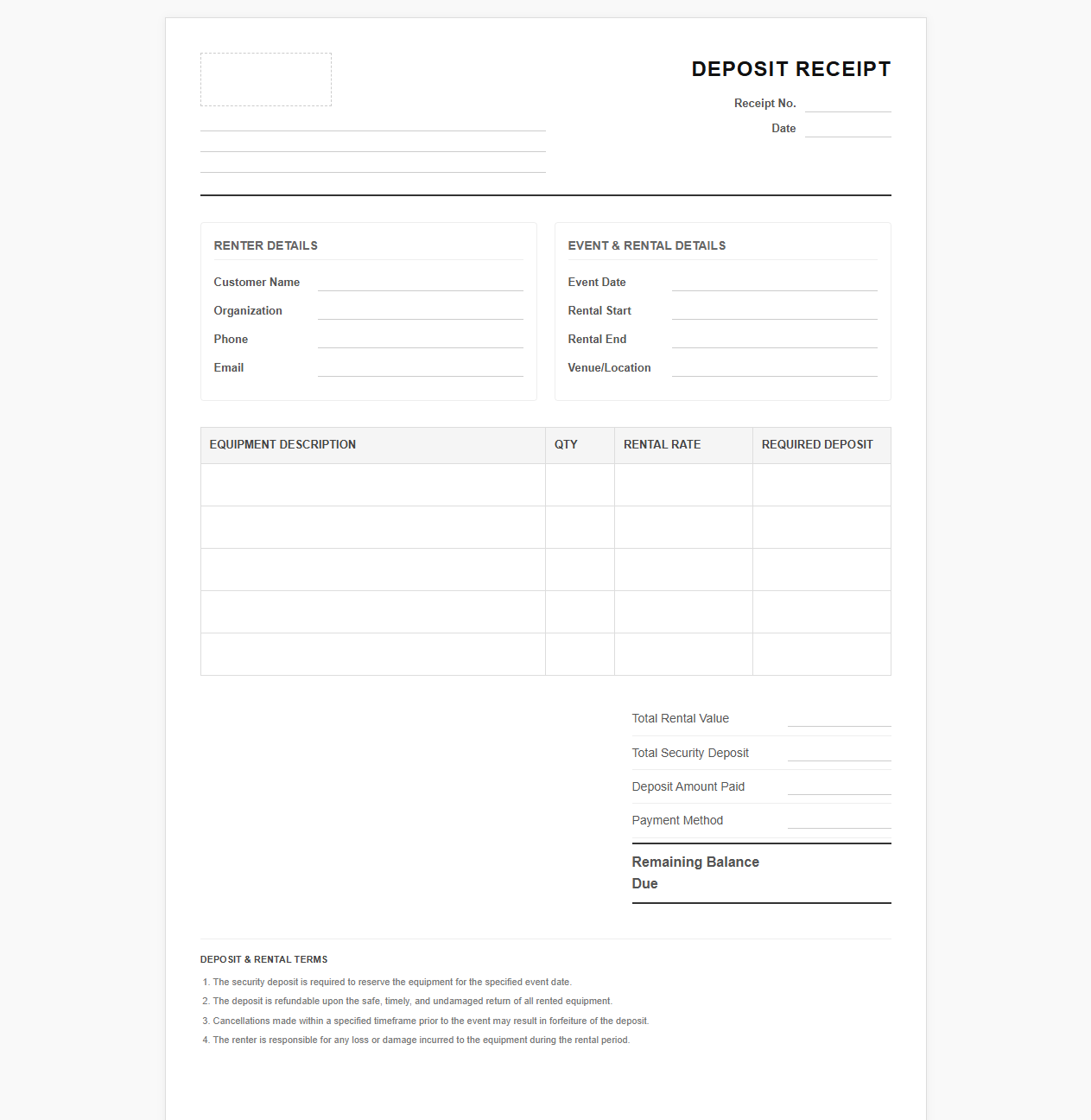 Event Equipment Rental Deposit Confirmation Receipt