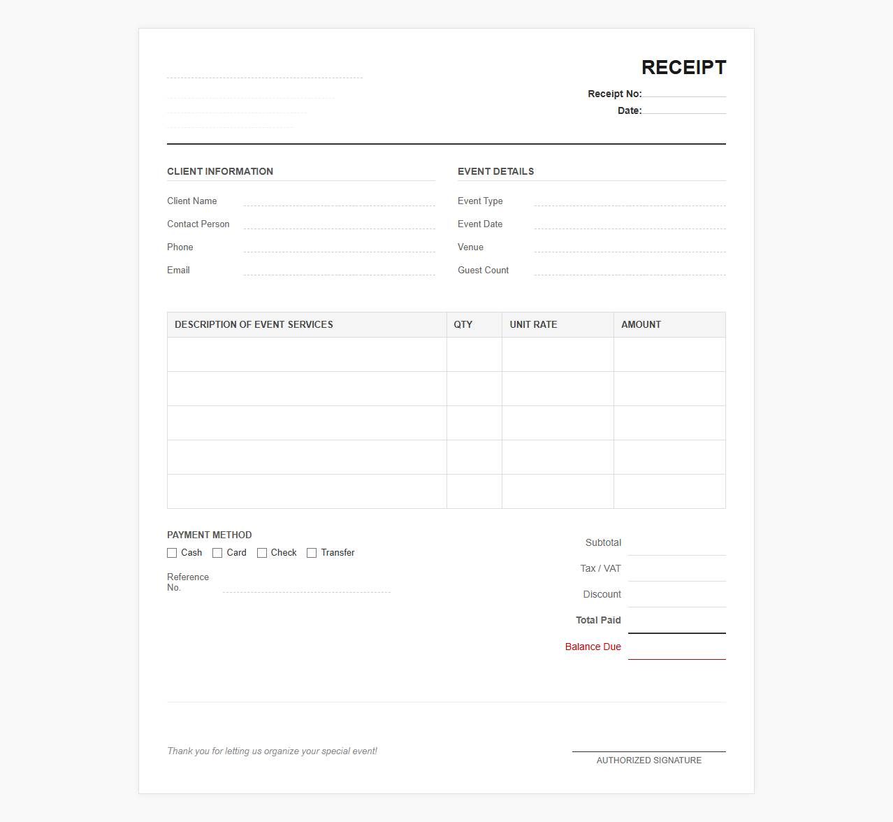 Event Organizer Client Receipt Template