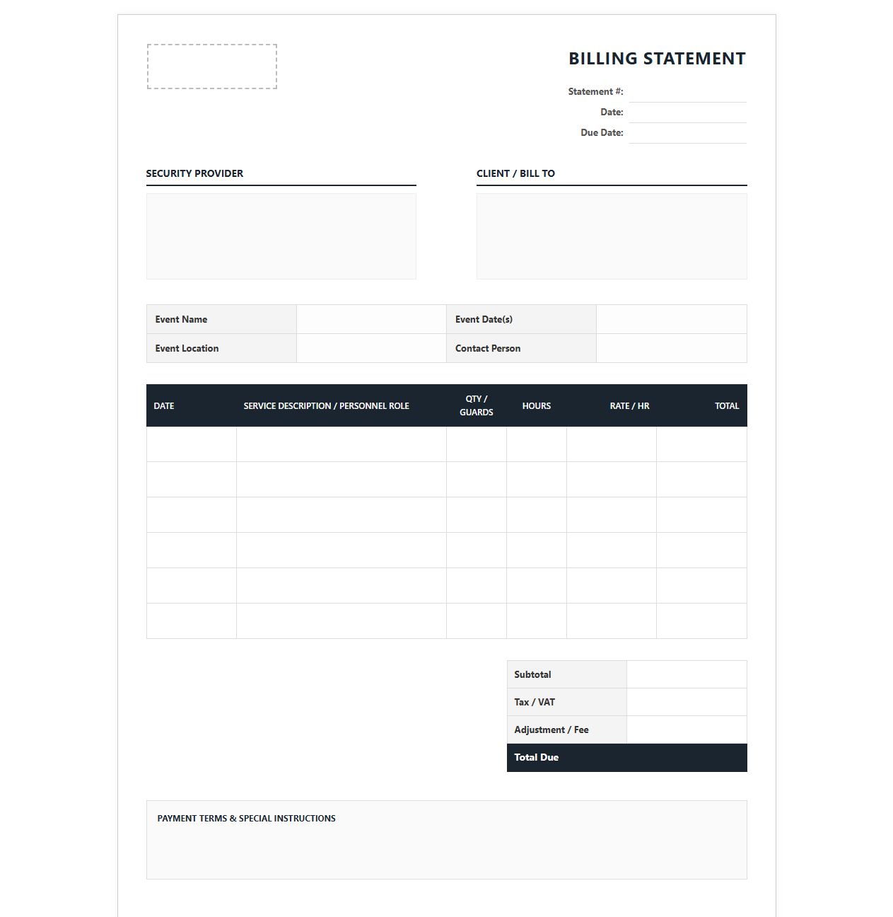 Event Security Services Billing Statement Template