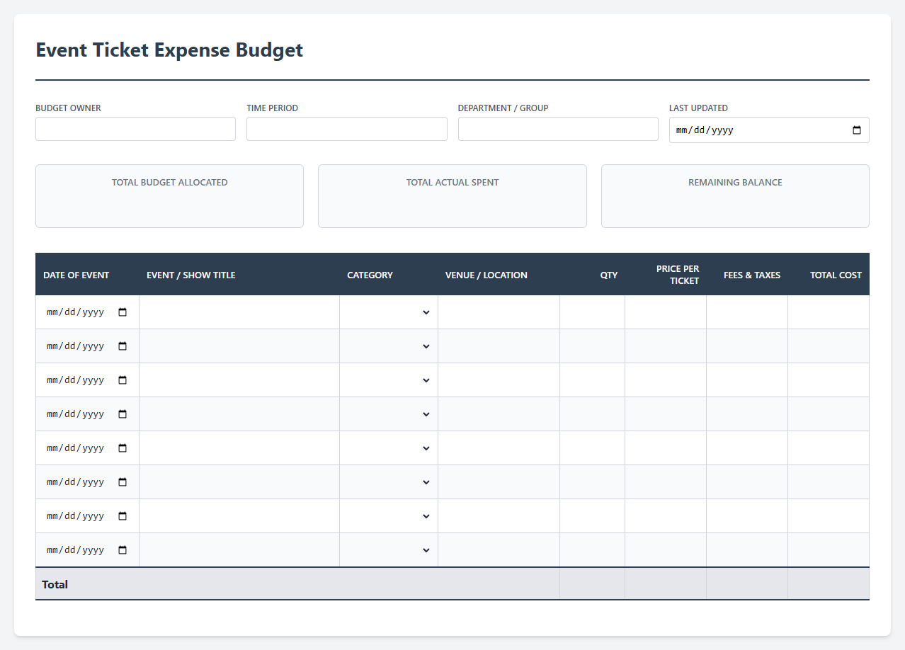 Event Ticket Expense Budget Spreadsheet