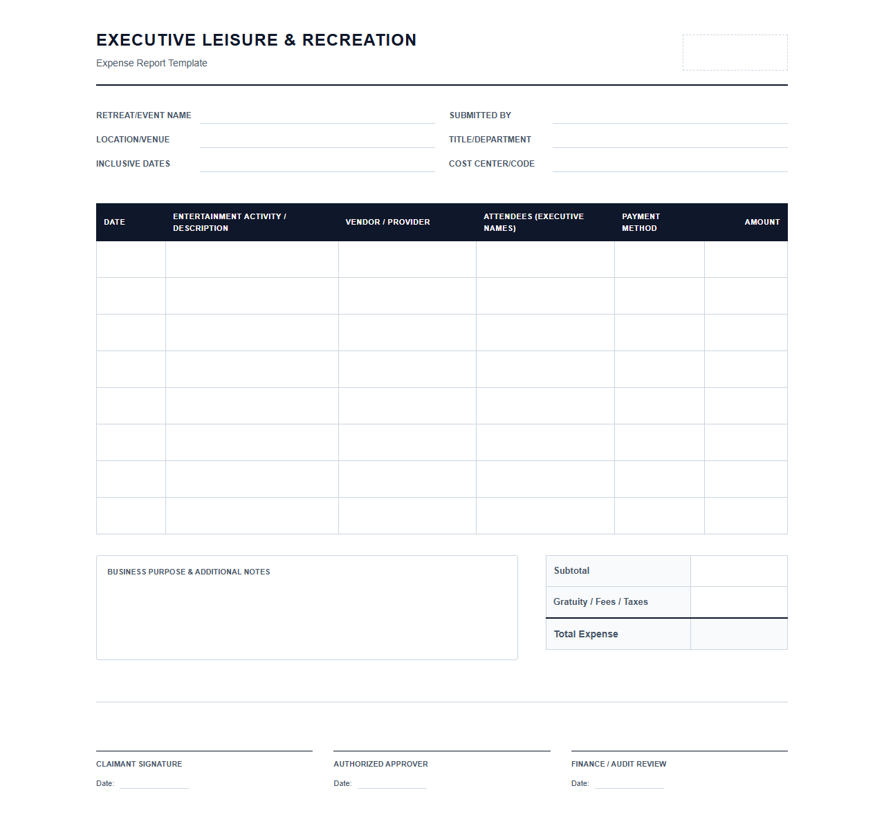 Executive Leisure and Recreation Expense Report Template