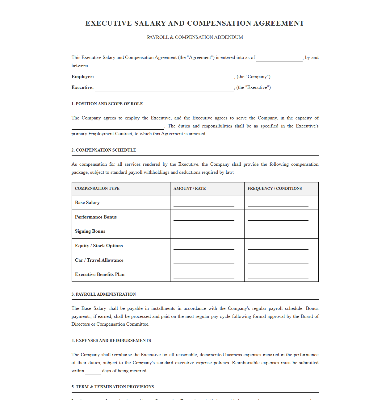 Executive Salary and Compensation Agreement Template