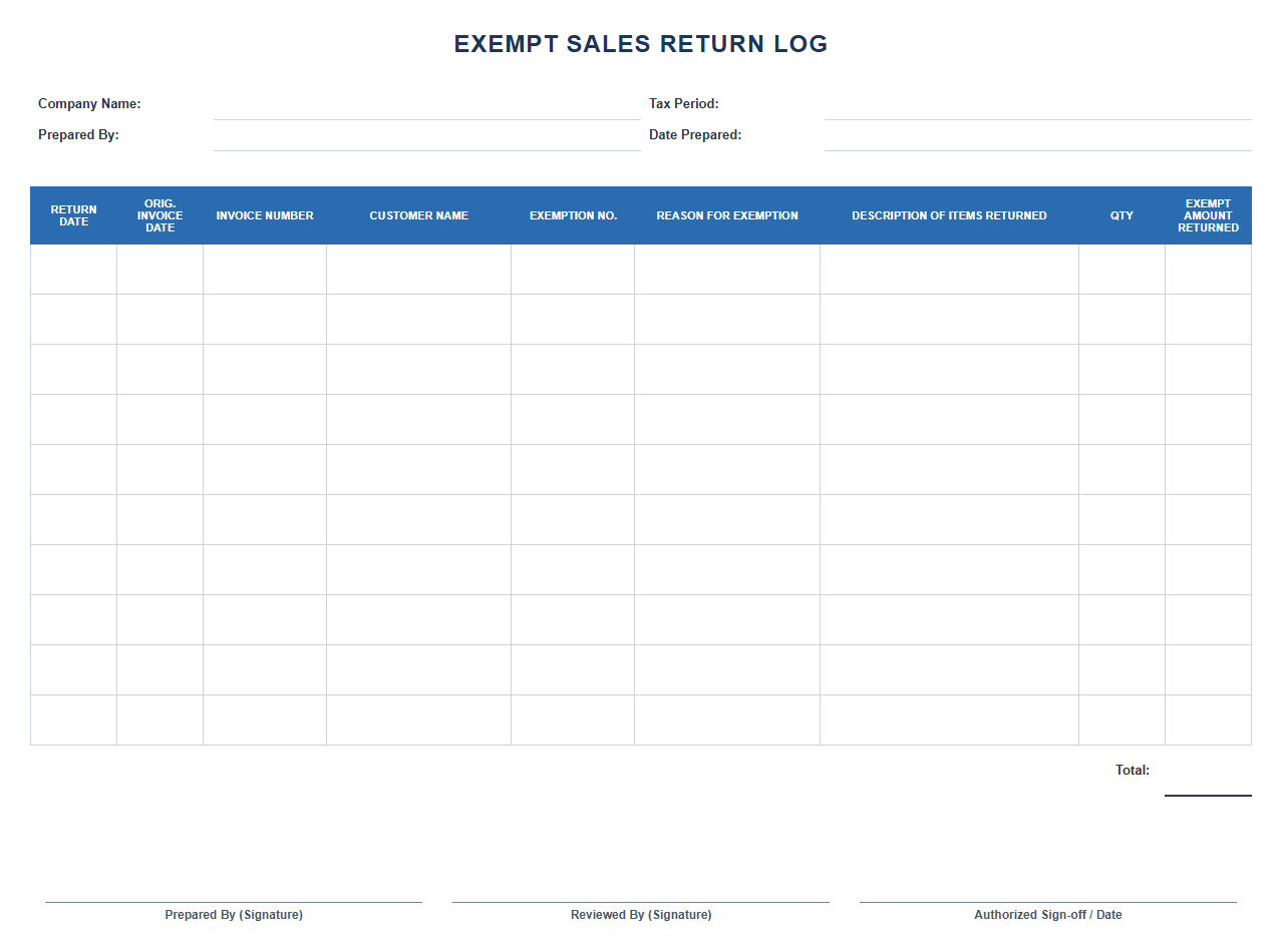 Exempt Sales Return Log Template