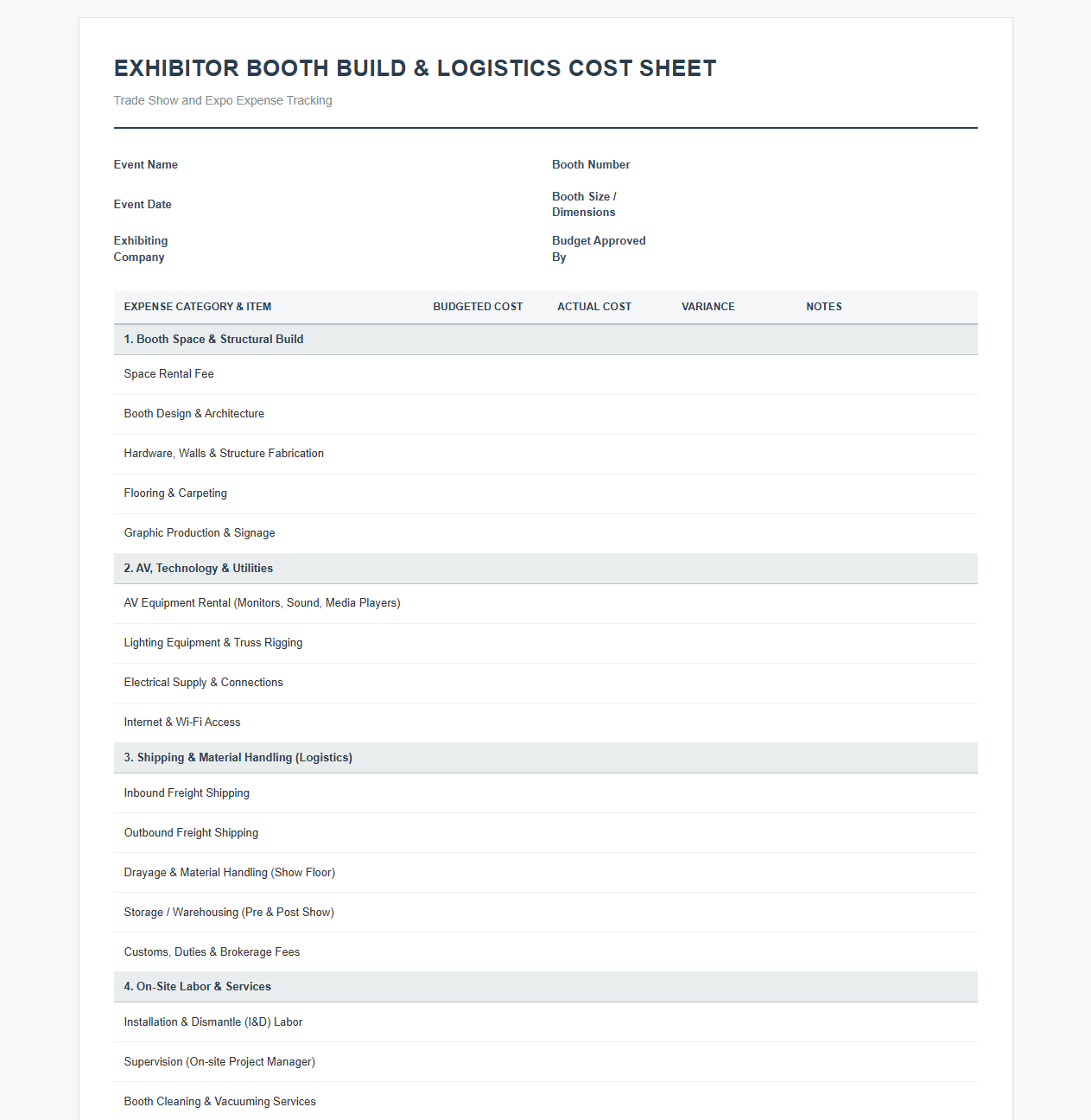Exhibitor Booth Build and Logistics Cost Sheet