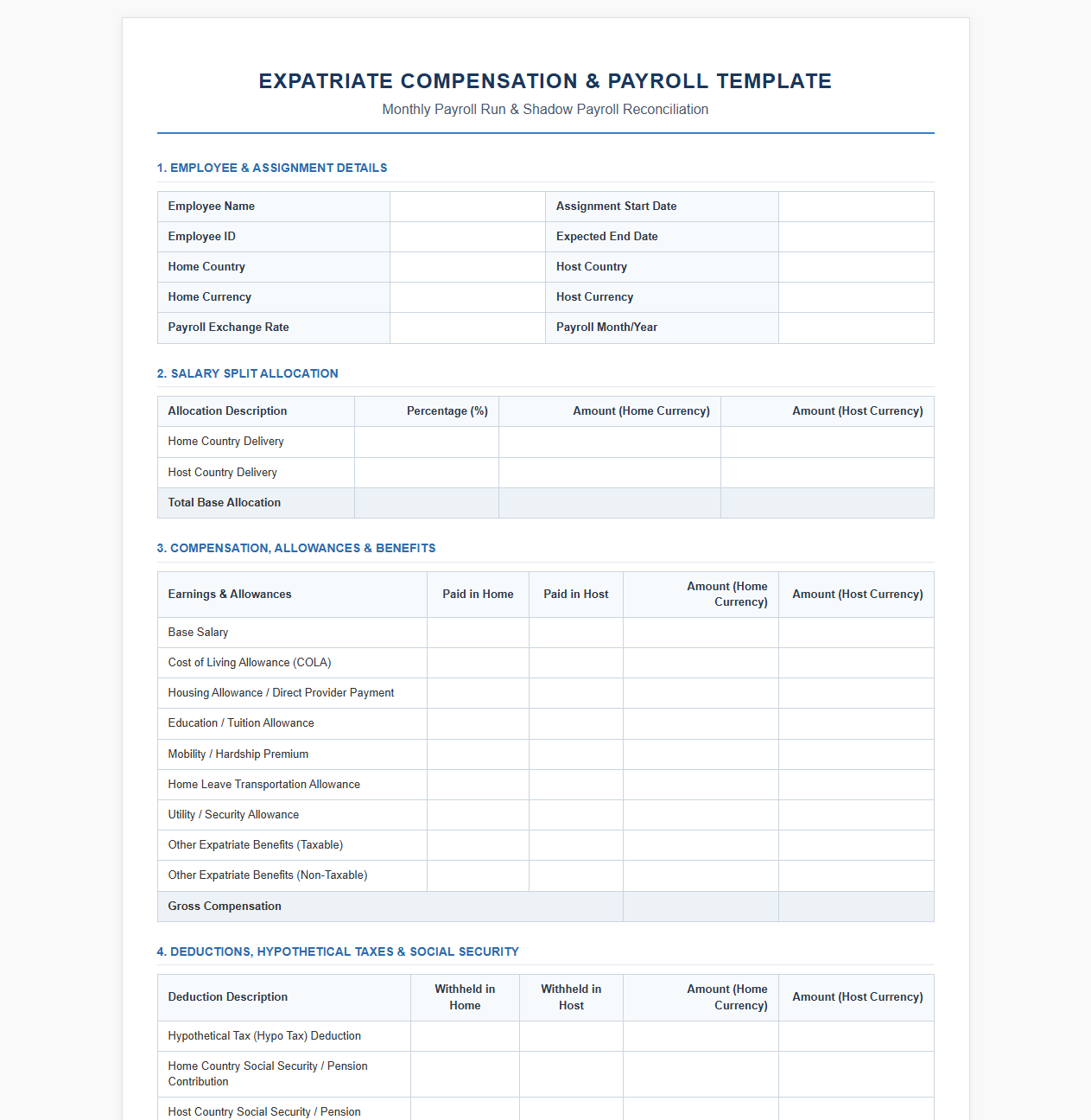 Expatriate Compensation and Benefits Payroll Template