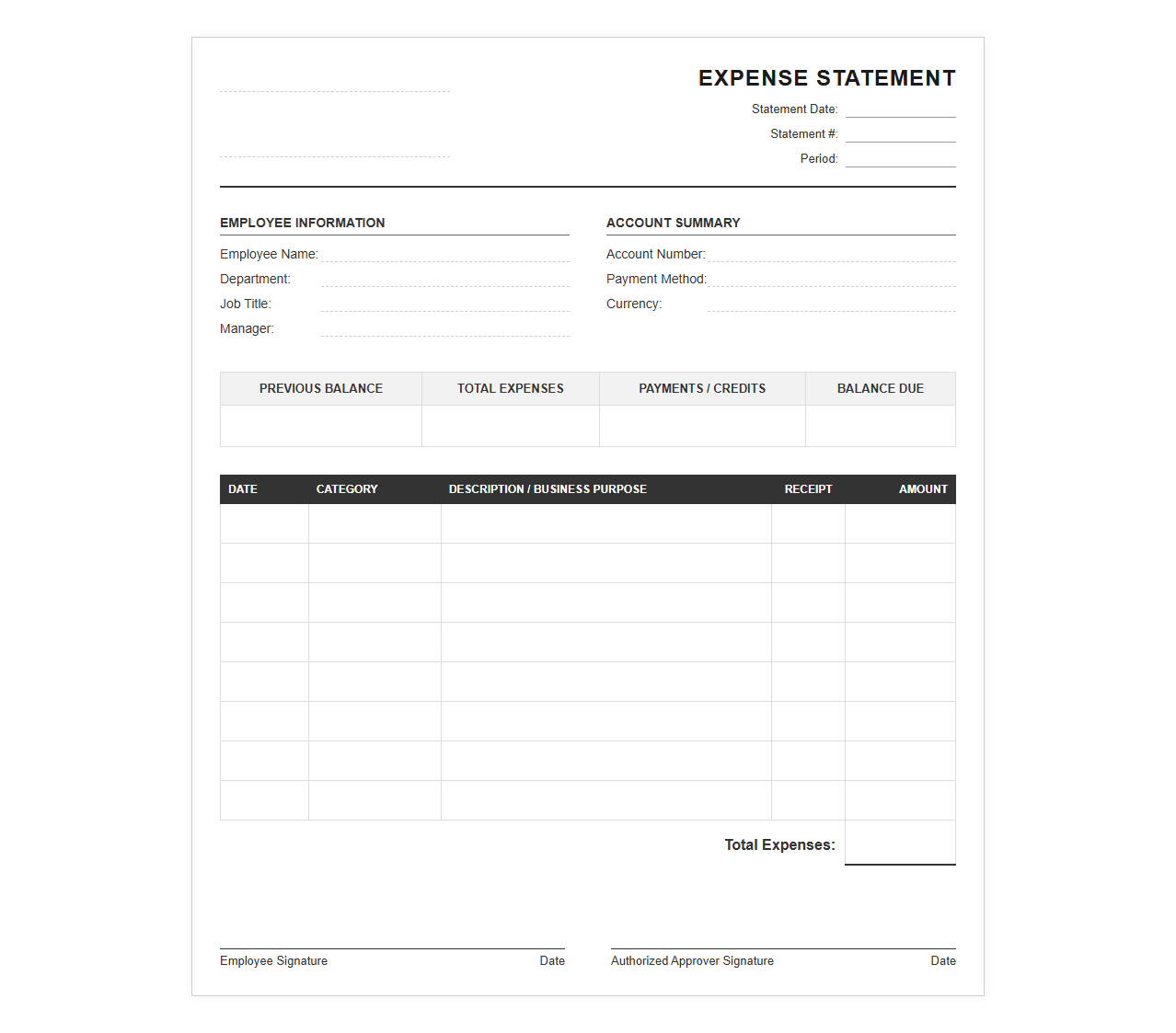 Expense Account Statement Template