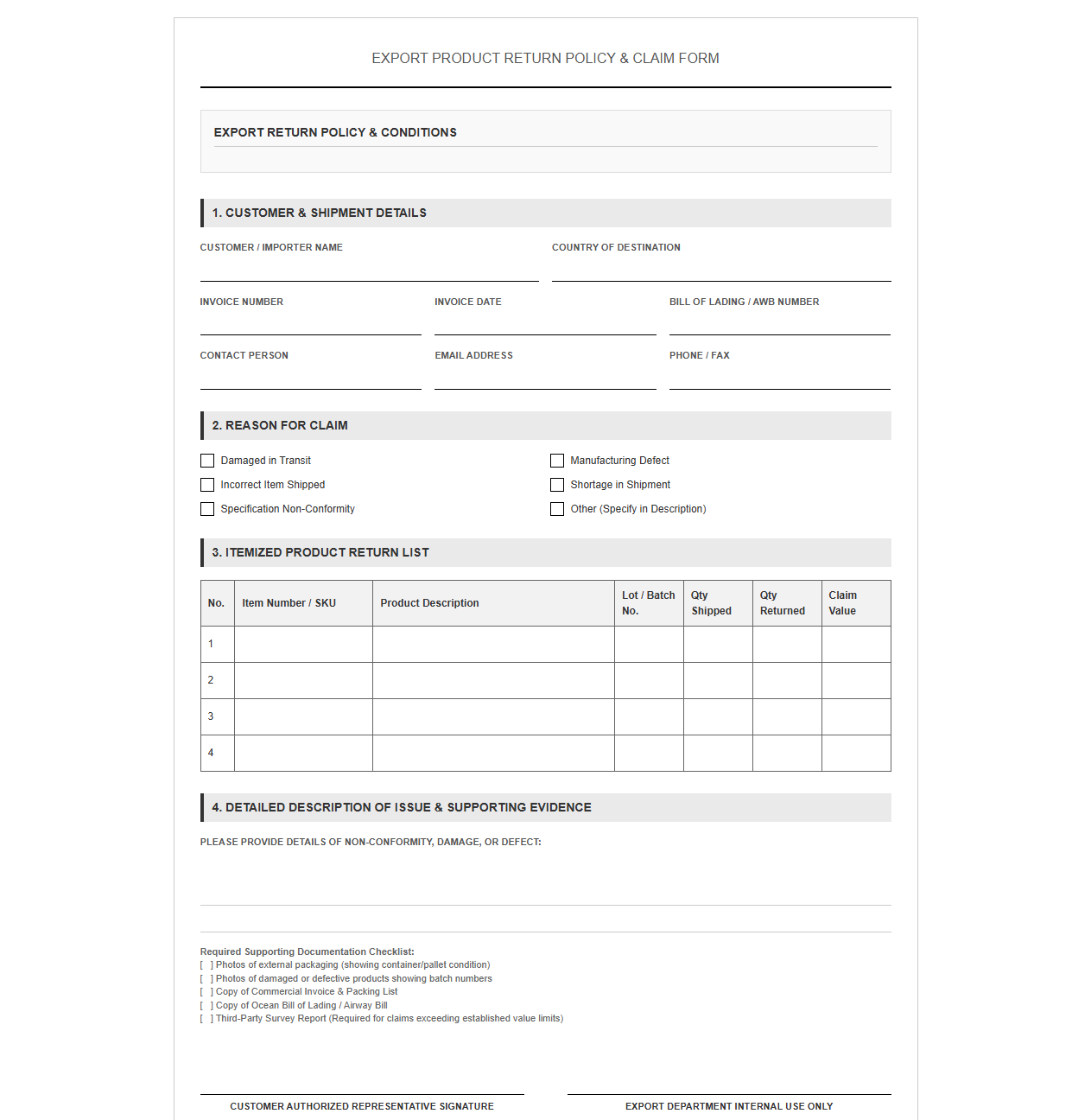 Export Product Return Policy and Claim Form