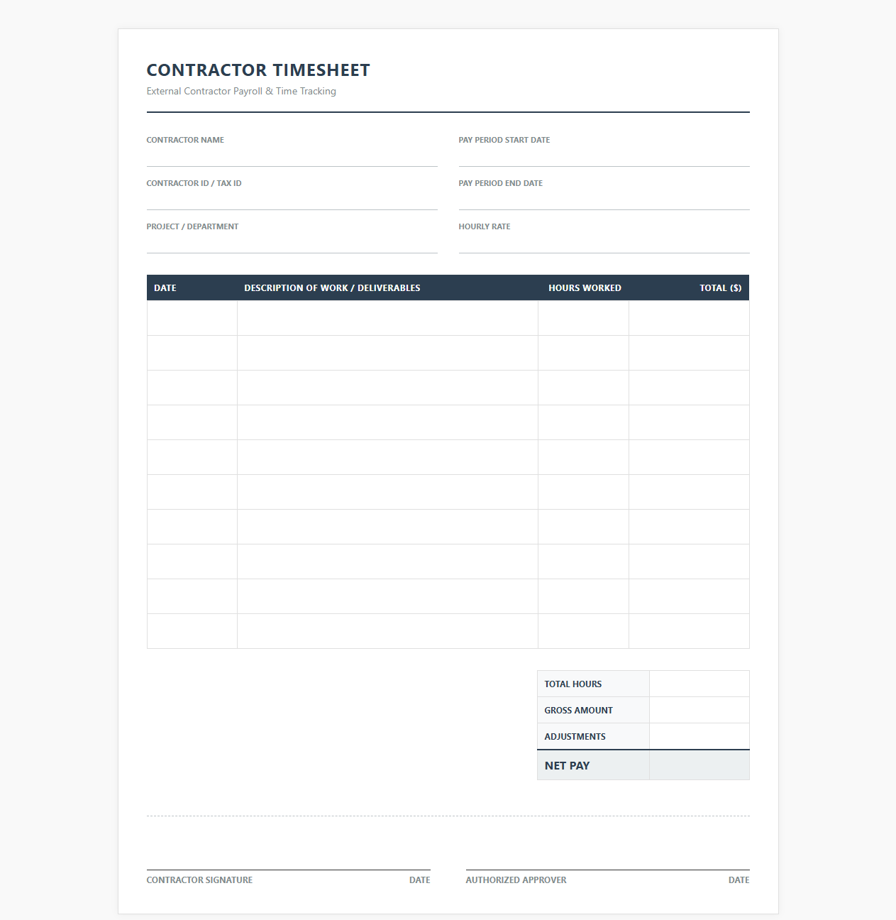 External Contractor Payroll and Time Tracking Sheet