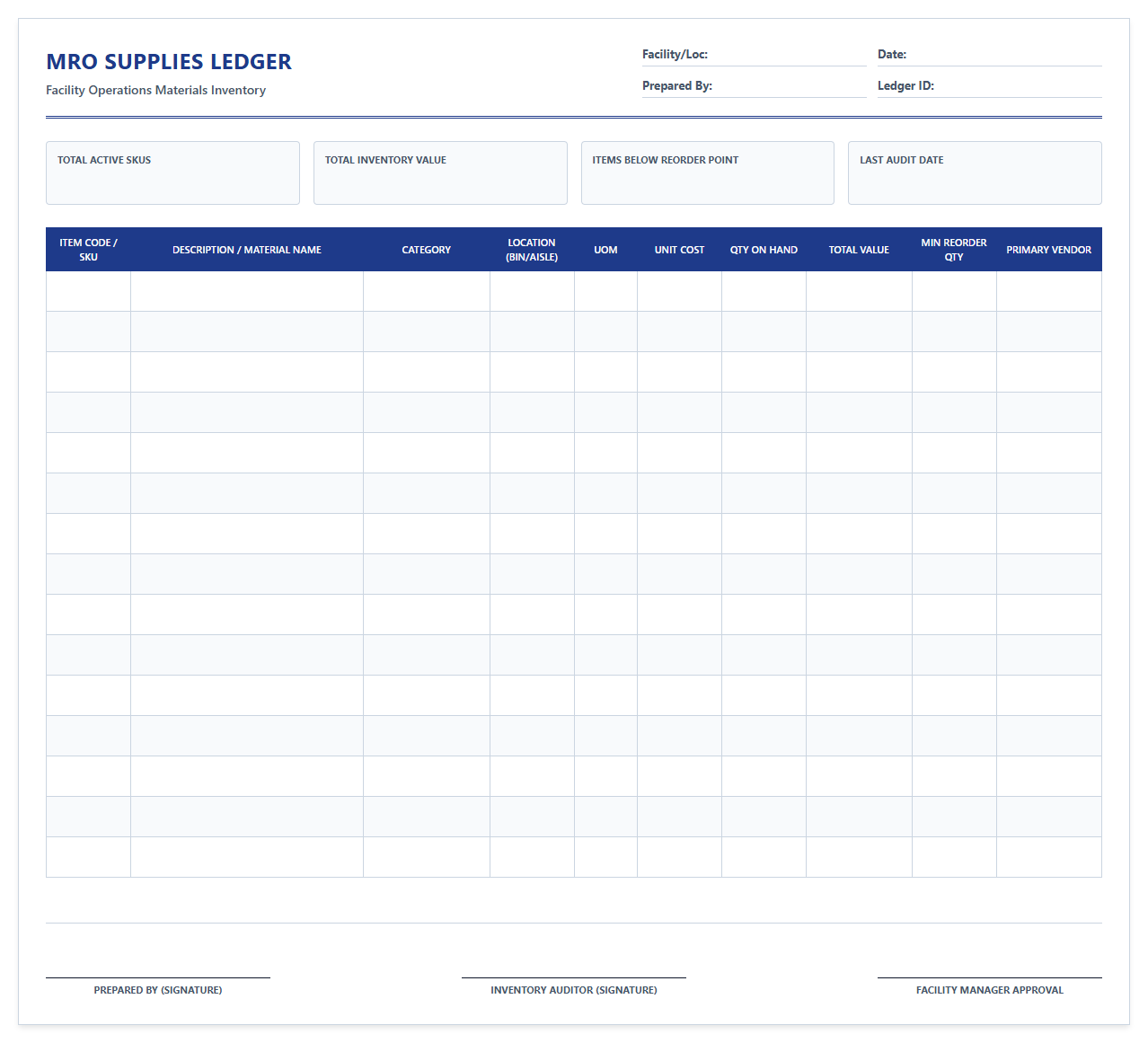 Facility Operations Materials Inventory Ledger