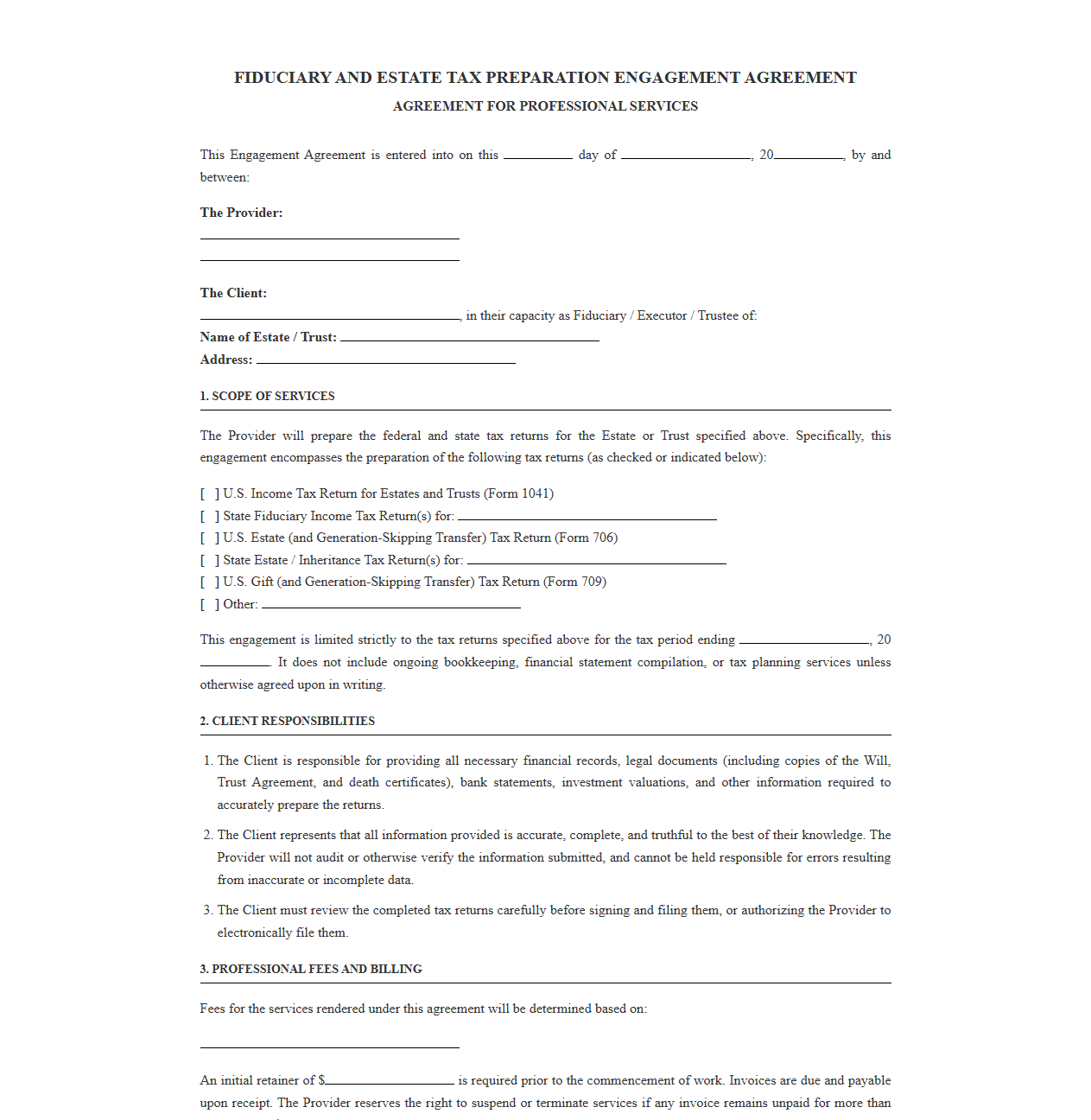 Fiduciary and Estate Tax Preparation Engagement Agreement