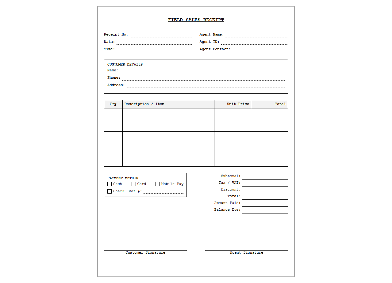Field Sales Agent Receipt Template