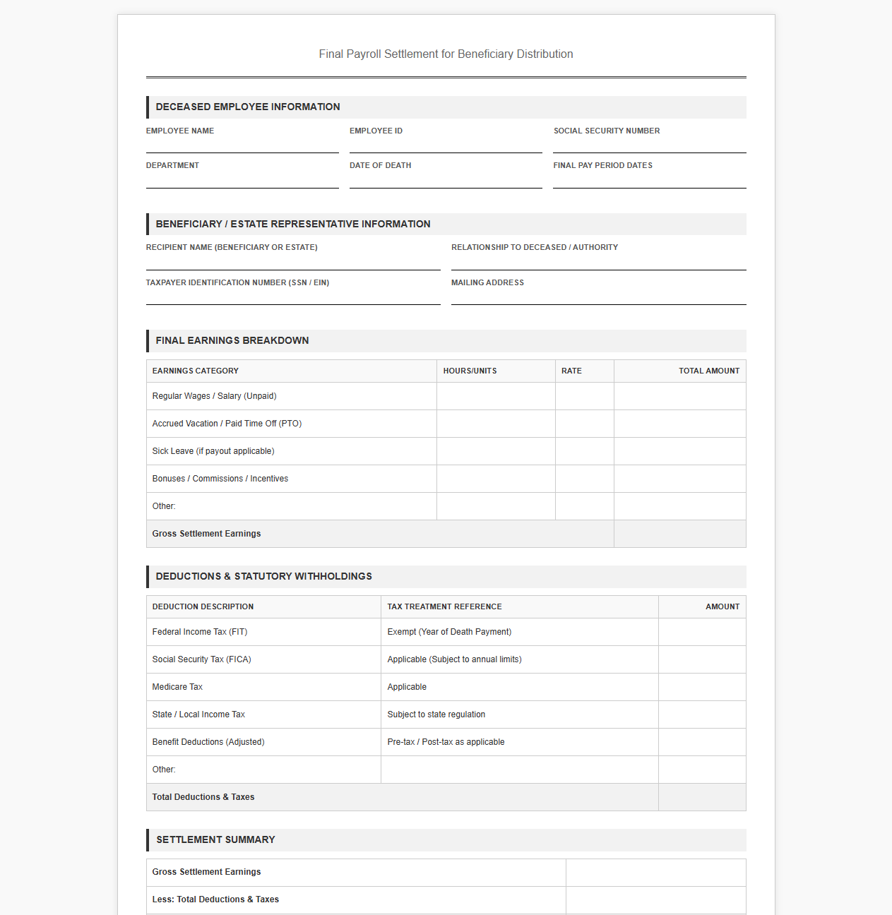 Final Payroll Settlement for Beneficiary Distribution