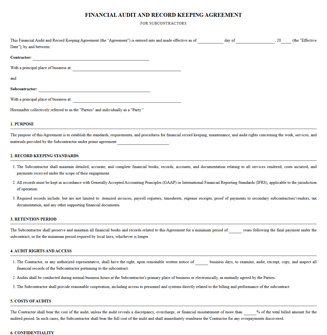 Financial Audit and Record Keeping Agreement for Subcontractors