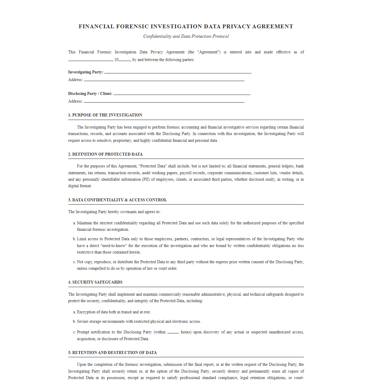 Financial Forensic Investigation Data Privacy Agreement
