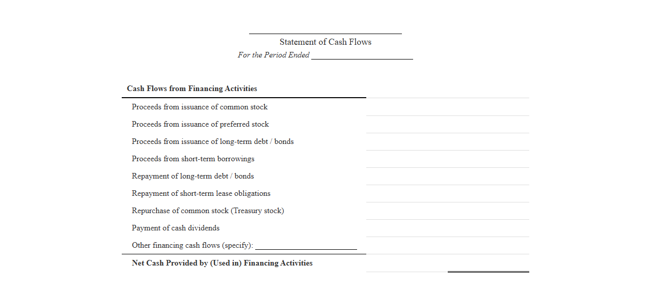 Financial Statement Template for Financing Activities