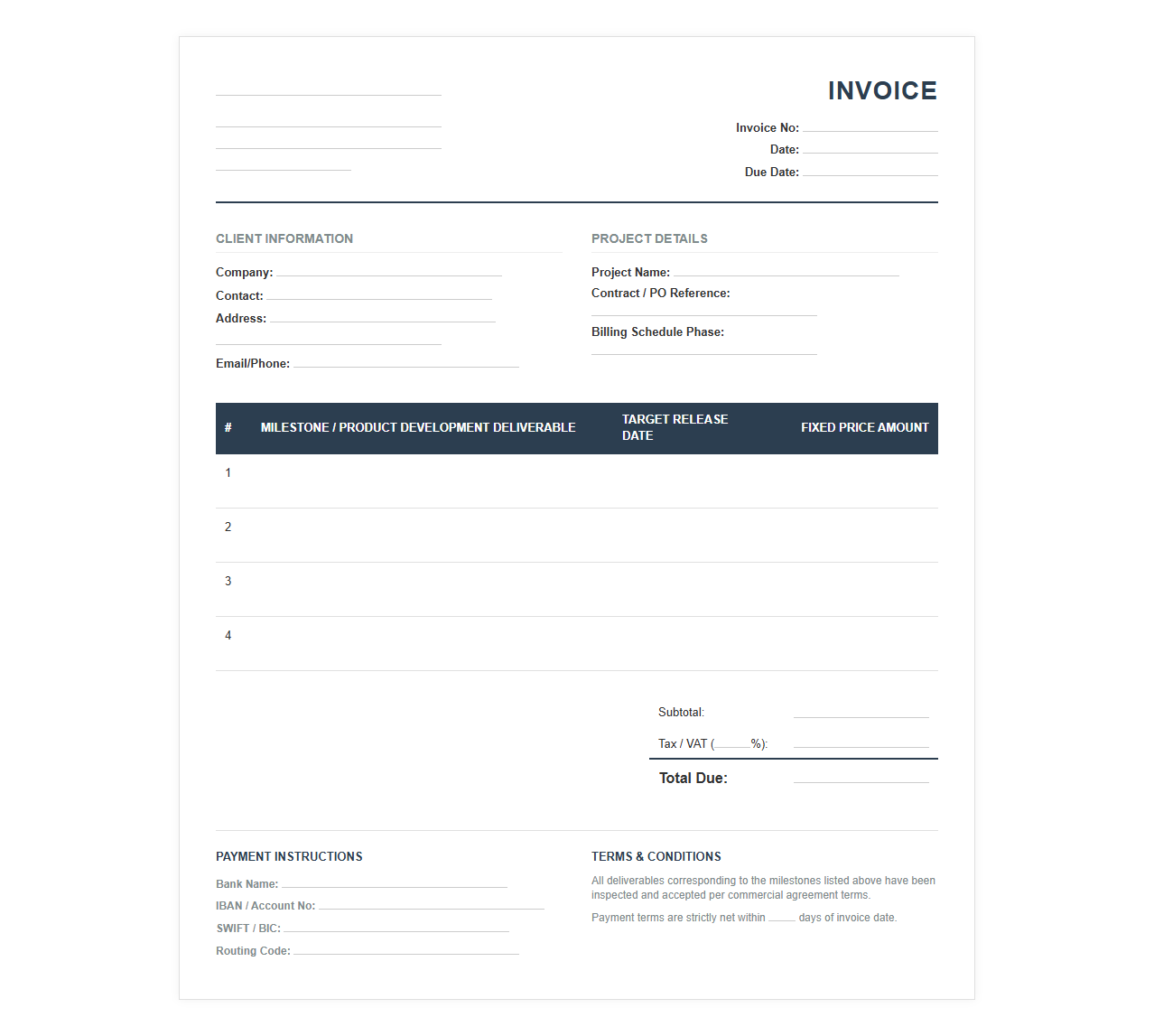 Fixed-Price Commercial Product Development Invoice