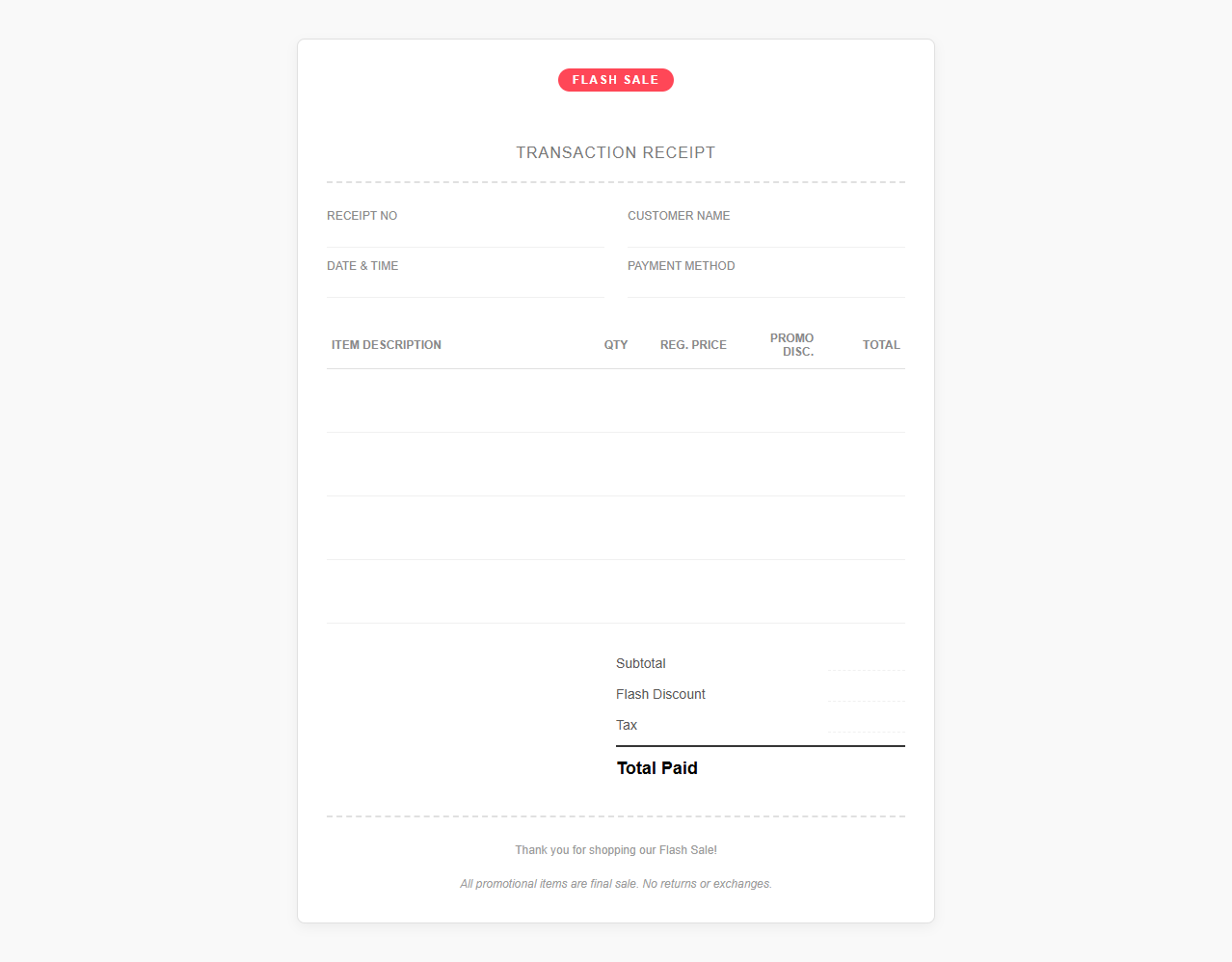 Flash Sale Transaction Receipt Template