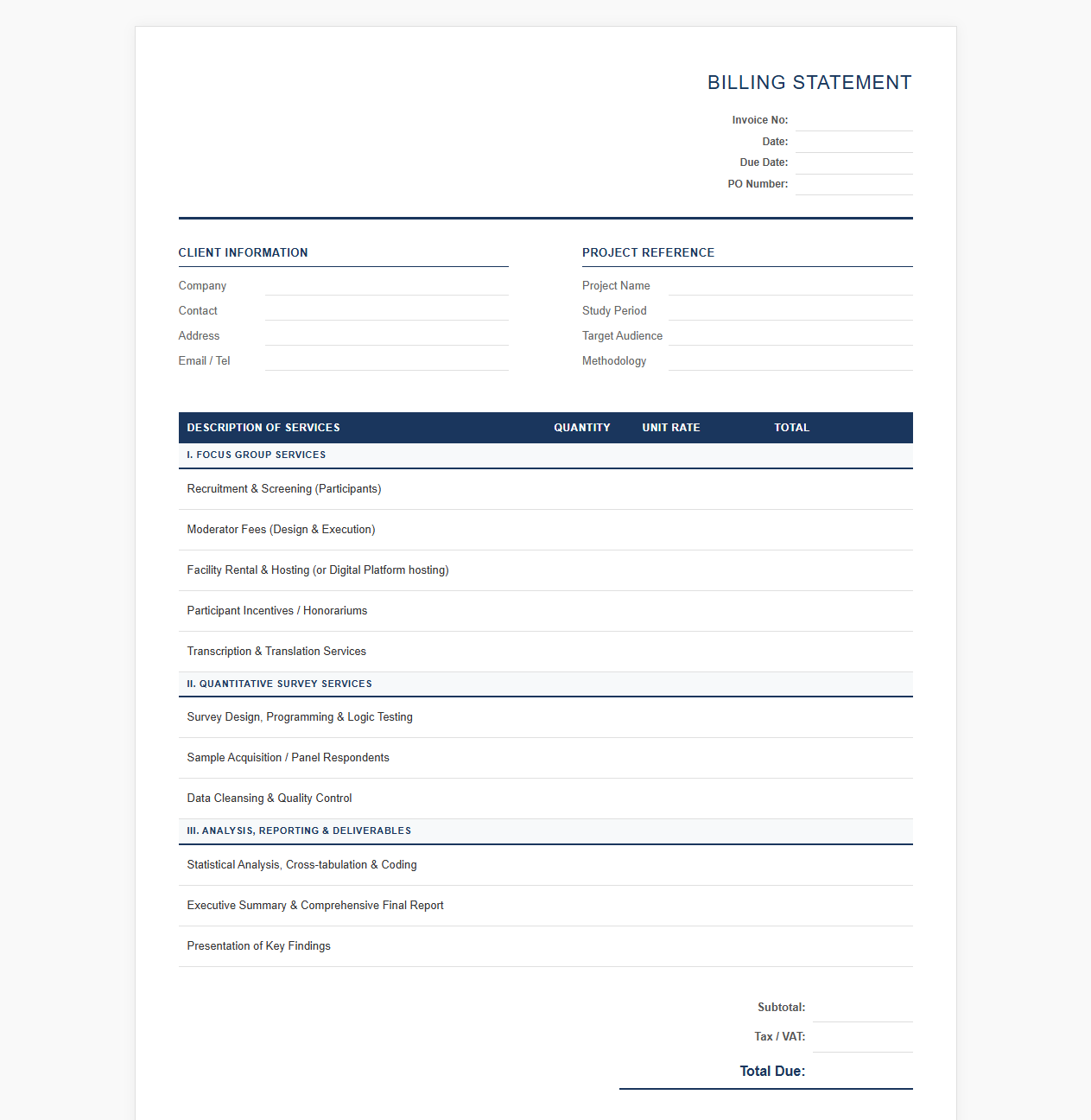 Focus Group and Survey Billing Statement