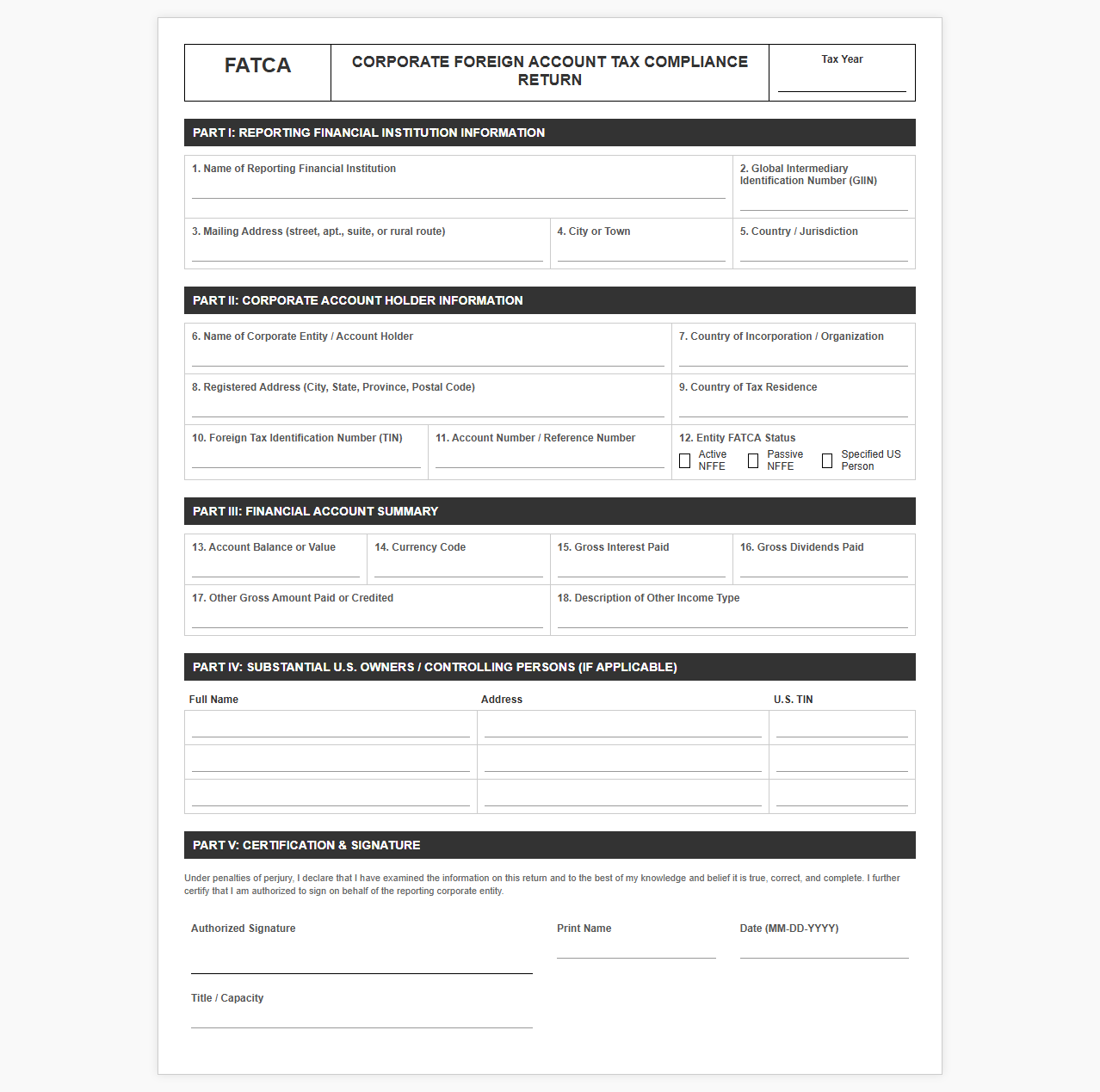 Foreign Account Tax Compliance Act Corporate Return Form