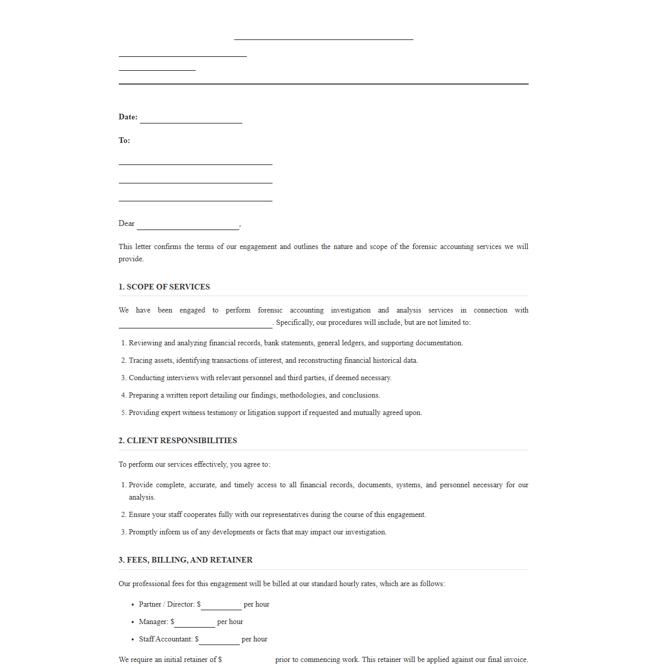 Forensic Accountant Engagement Letter Template