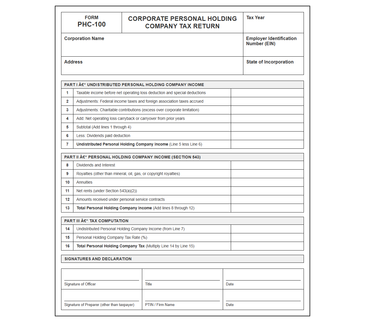 Form for Corporate Personal Holding Company Tax Filing