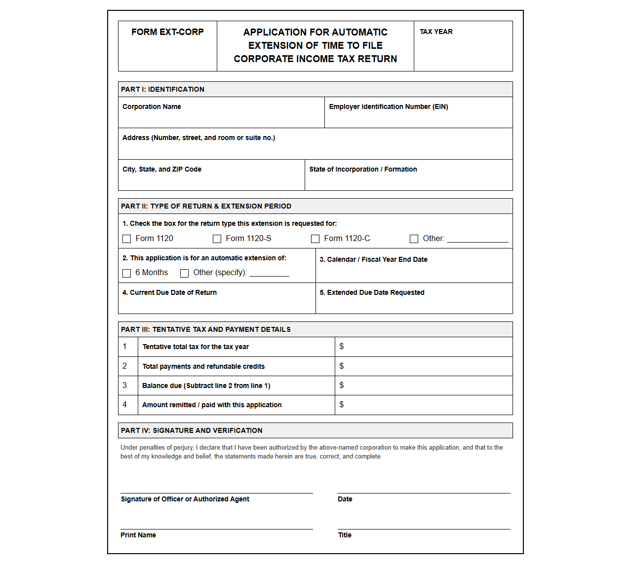 Form for Requesting Corporate Tax Return Filing Extension