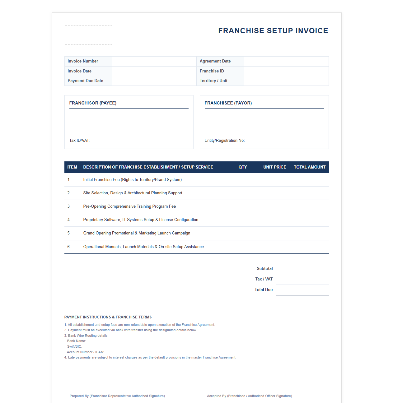 Franchise Establishment and Setup Fee Invoice