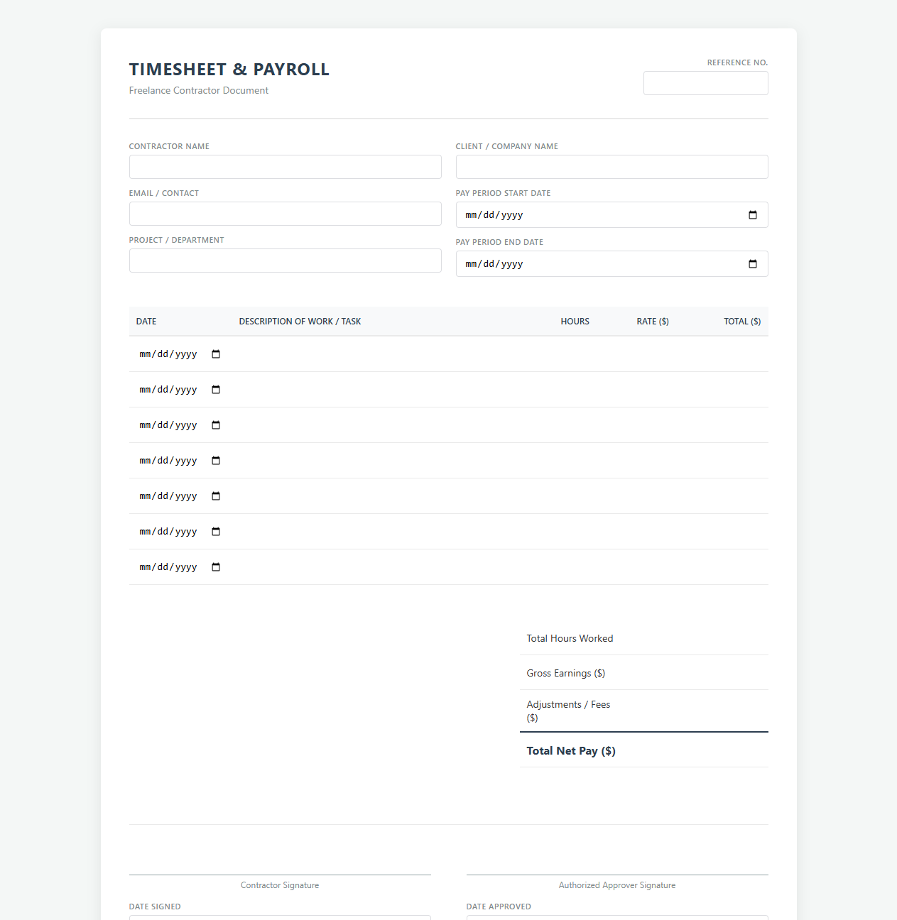 Freelance Contractor Timesheet and Payroll Calculator