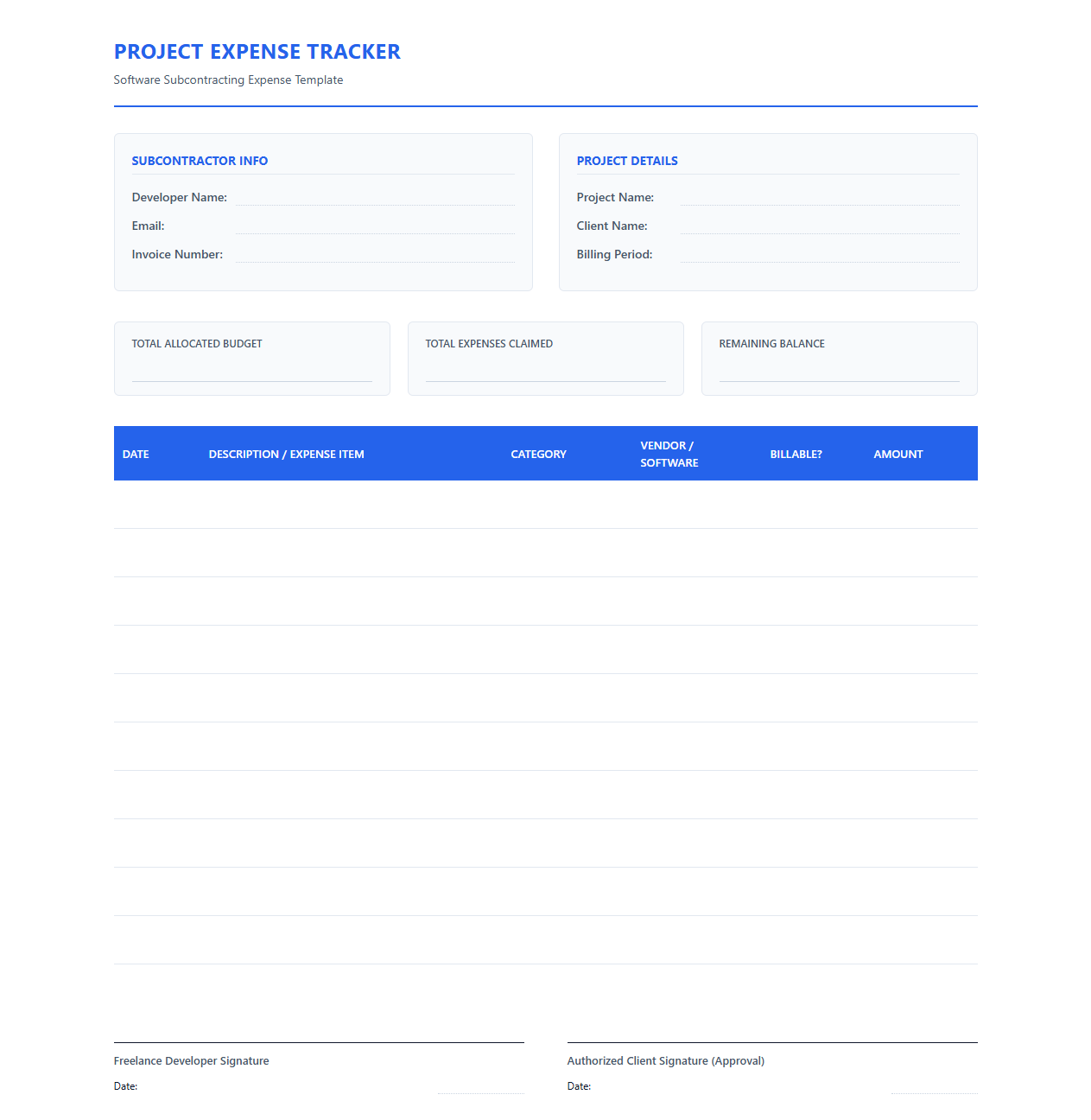 Freelance Developer Project Expense Tracker
