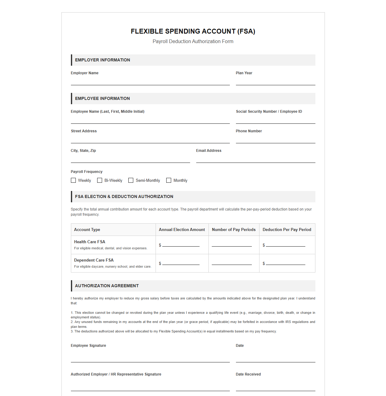FSA Payroll Deduction Authorization Form