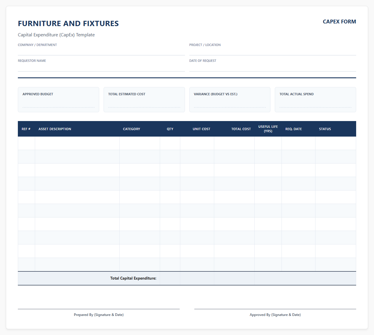 Furniture and Fixtures Capital Expenditure Template