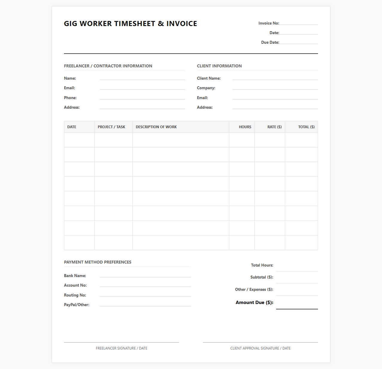 Gig Worker Timesheet and Payroll Invoice