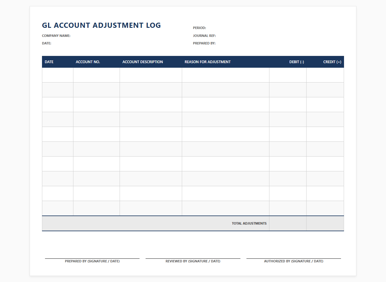 GL Account Adjustment Log Template