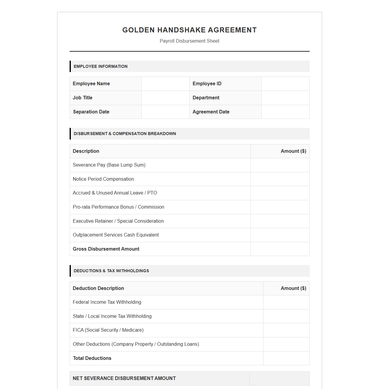 Golden Handshake Agreement Payroll Disbursement Sheet