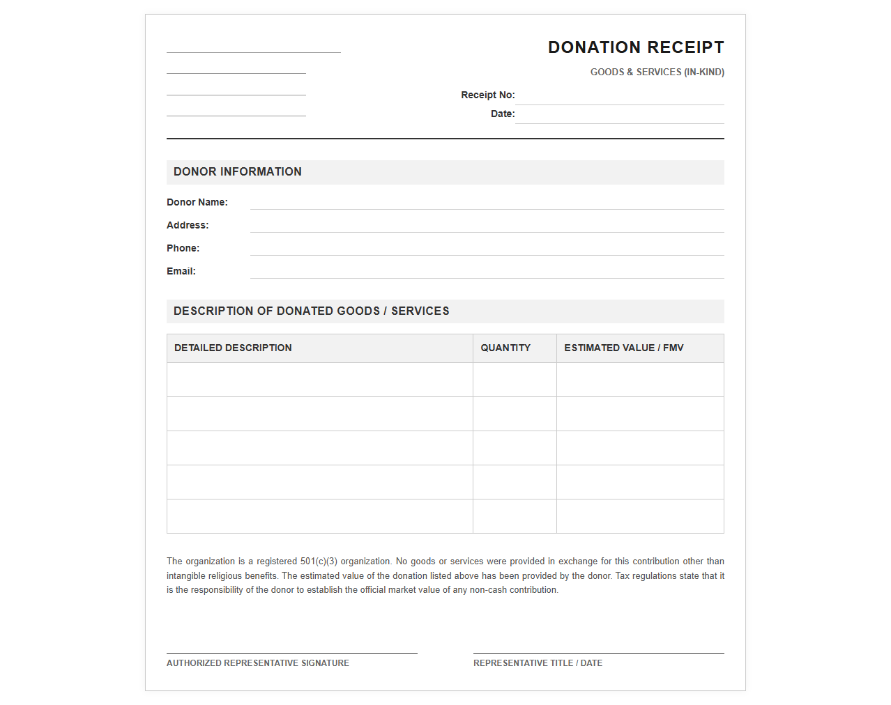 Goods and Services Donation Receipt
