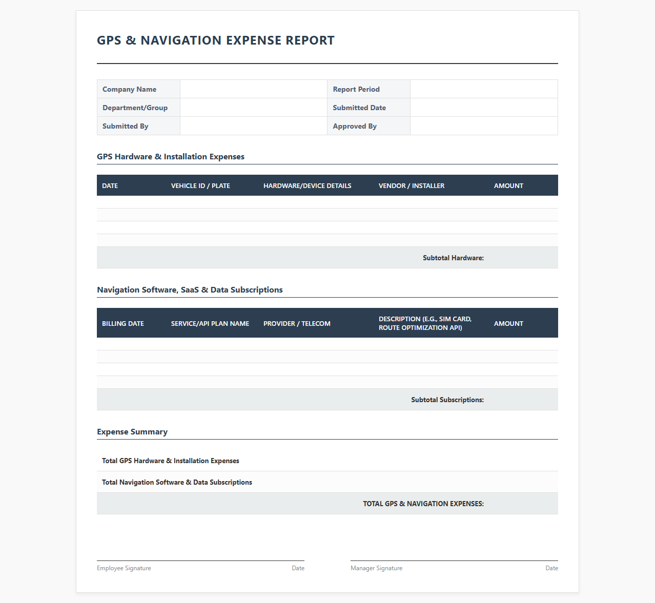 GPS Tracking and Route Navigation Business Expense Template