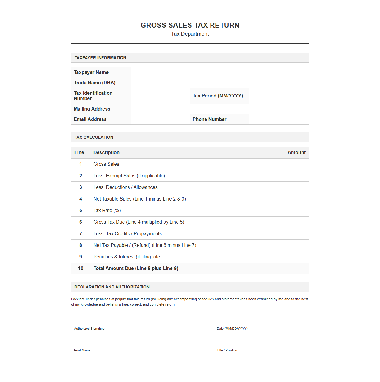 Gross Sales Tax Return Template