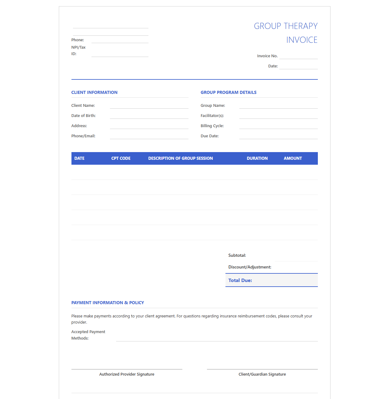 Group Therapy Session Invoice Form