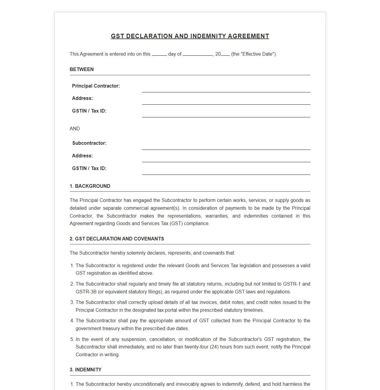 GST Declaration and Indemnity Agreement for Subcontractors