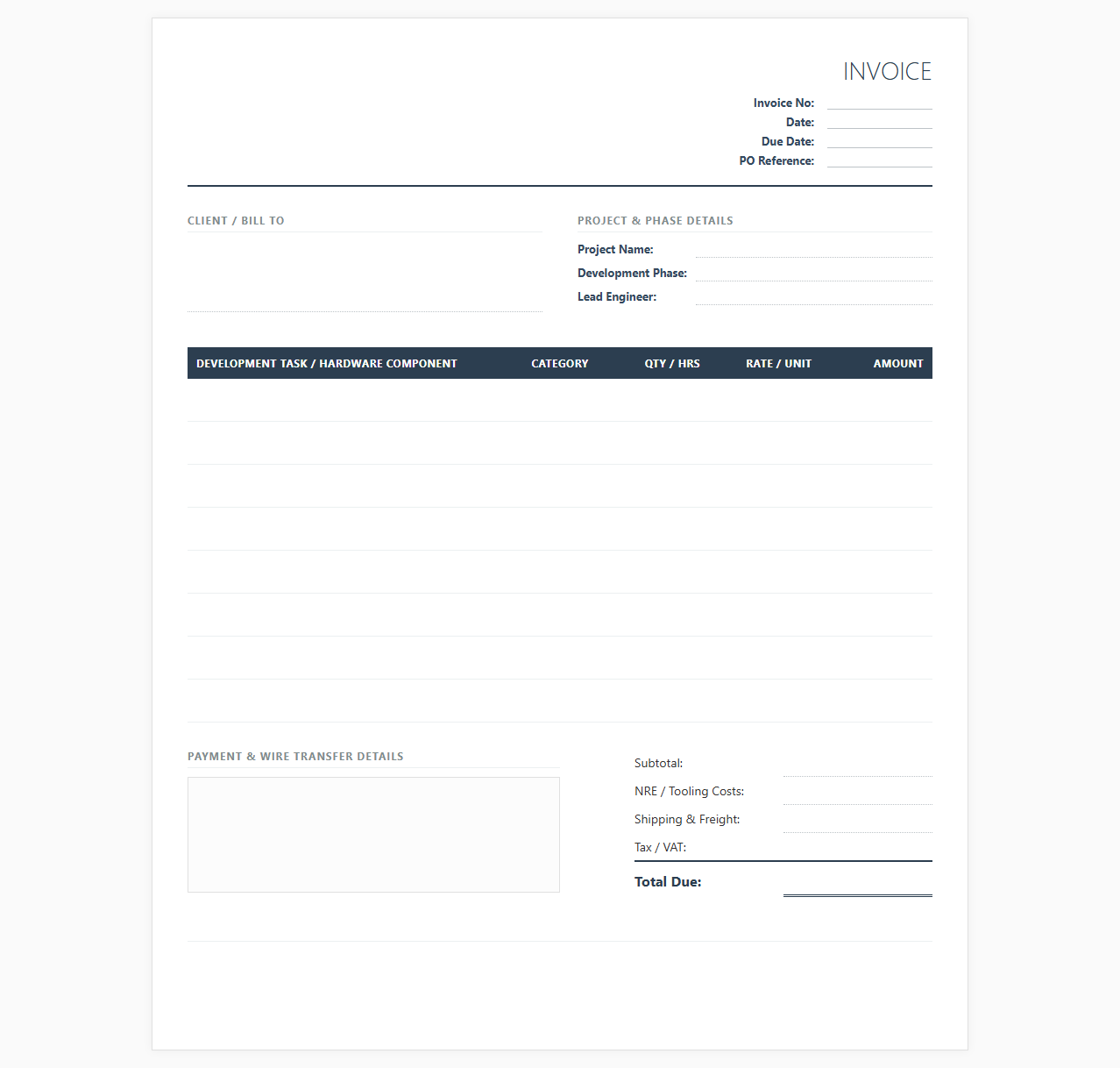 Hardware Prototyping and Commercial Product Development Invoice