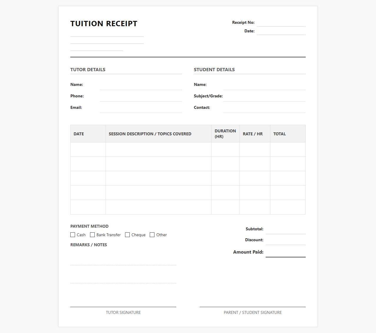 Home Tuition Session Receipt Template